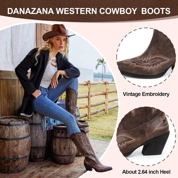 ⚡Women's Dark Brown Wide Calf Cowgirl Boots Embroidered Pointed Toe Half Zip - Picture 3 of 8